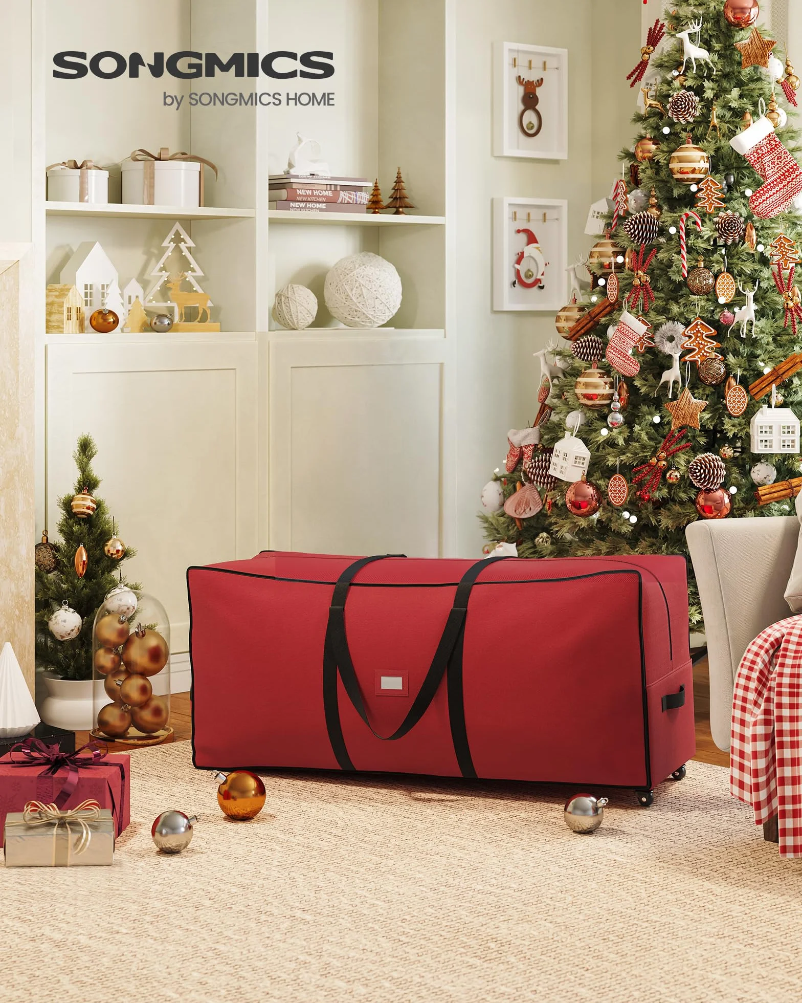 SONGMICS Borsa per Albero di Natale con Ruote da 4 cm, Custodia per Albero fino a 229 cm, per Albero Smontabile, Maniglie Regolabili, Tessuto Oxford 600D, Rosso Ciliegia RXS004R03