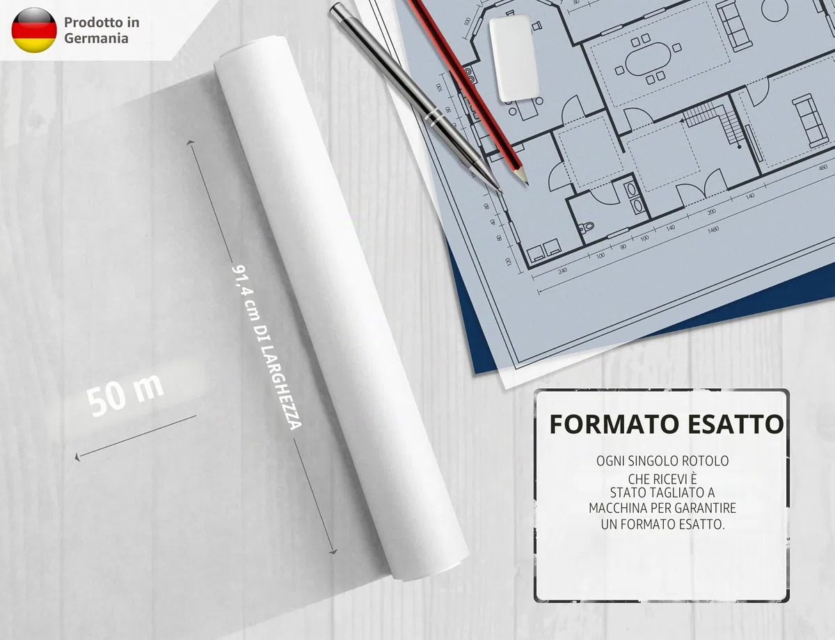 ELES VIDA cartamodello premium 91,4 cm x 50 metri 50 g/m - rotolo di carta trasparente bianco - carta da disegno, schizzi, carta artigianale fai-da-te per artigianato, architettura, disegno