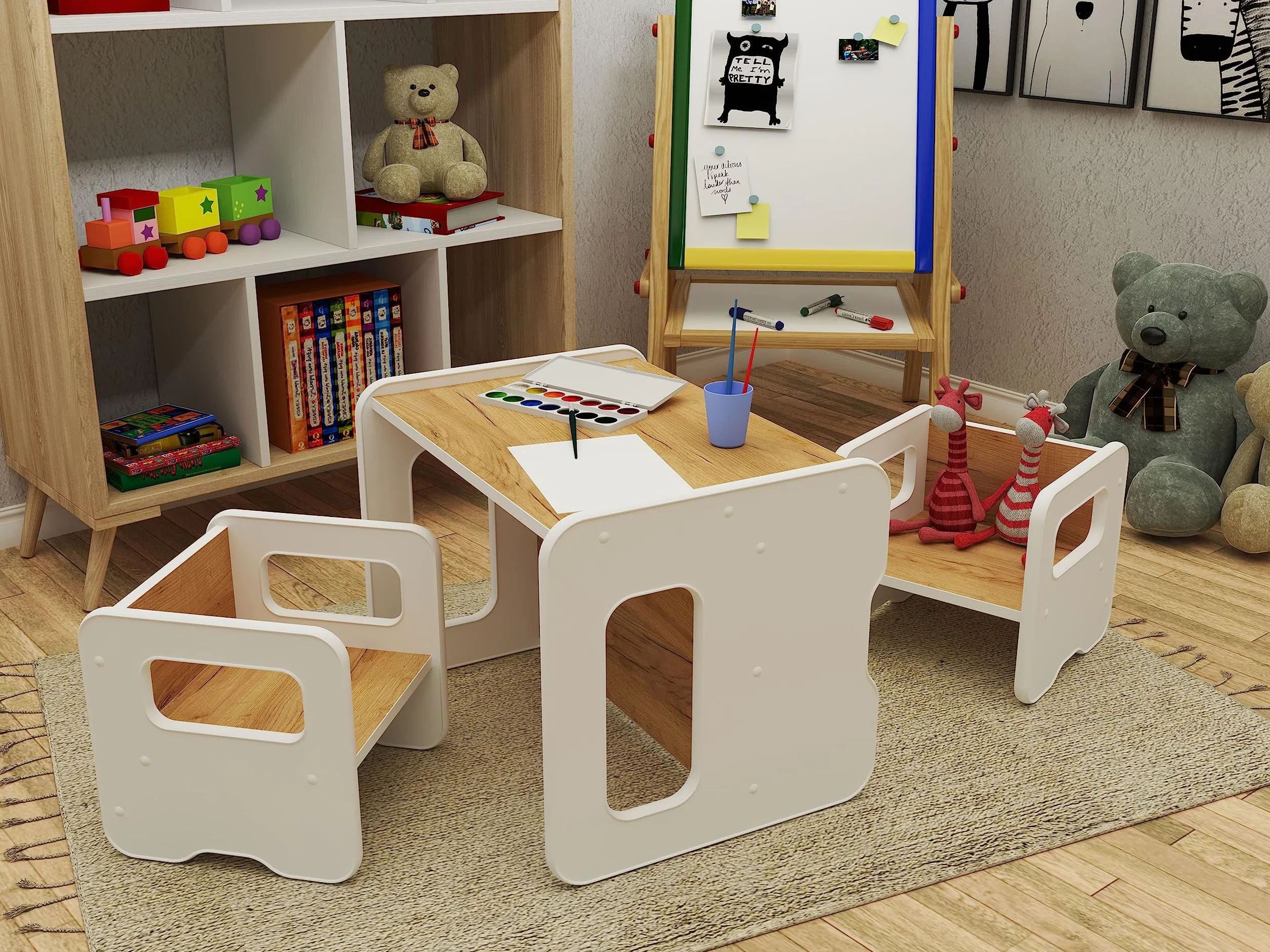 defiPad Sgabello per bambini | sgabello elegante double face | Poltrona per bambini da 1 anno | Sedia per bambini in legno | Sedia trasformabile in tavolo | (Bianco + Rovere)