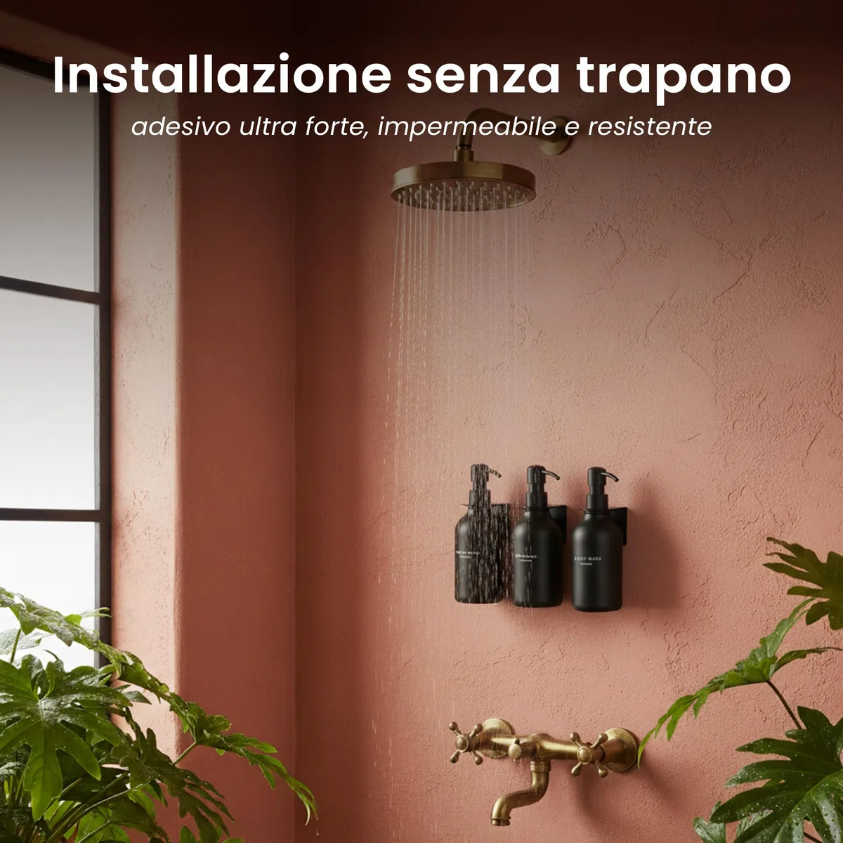 MaisoNovo Dispenser Per Shampoo E Balsamo - Dispenser Per Sapone Da Doccia Con Montaggio A Parete - Set Da 3 Flaconi In Plastica Nera Da 500 ml Con Pompe Nere - 3 Scomparti Senza Foratura