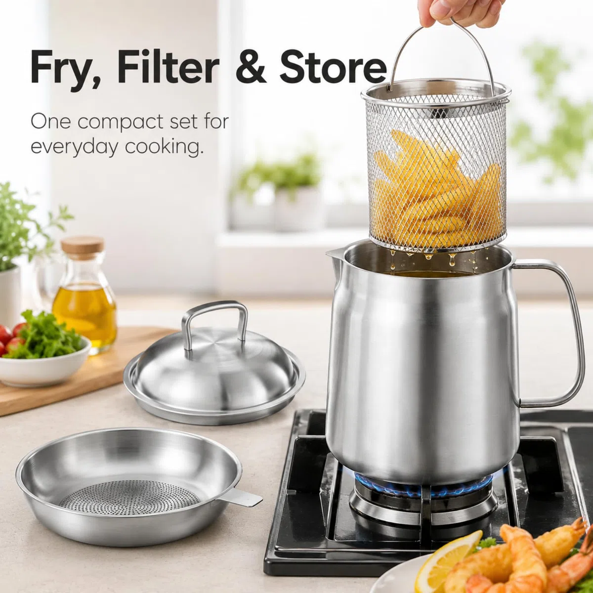 2L Filtro Olio In Acciaio Inox, Contenitore Grasso Bacon con Filtro & Cestello Friggitrice, 2 In 1 Filtro Olio Pot, Colino, Separatore Olio Storage Gadget Da Cucina