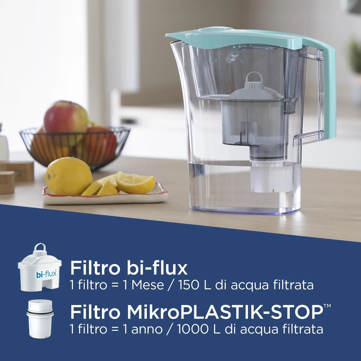 LAICA MikroPLASTIK-STOP Caraffa Filtrante - 3L - Azzurro - con 1 Filtro bi-flux e 1 Filtro MikroPLASTIK-STOP, Preserva i sali minerali e Riduce le microplastiche - Timer analogico - Made in Italy