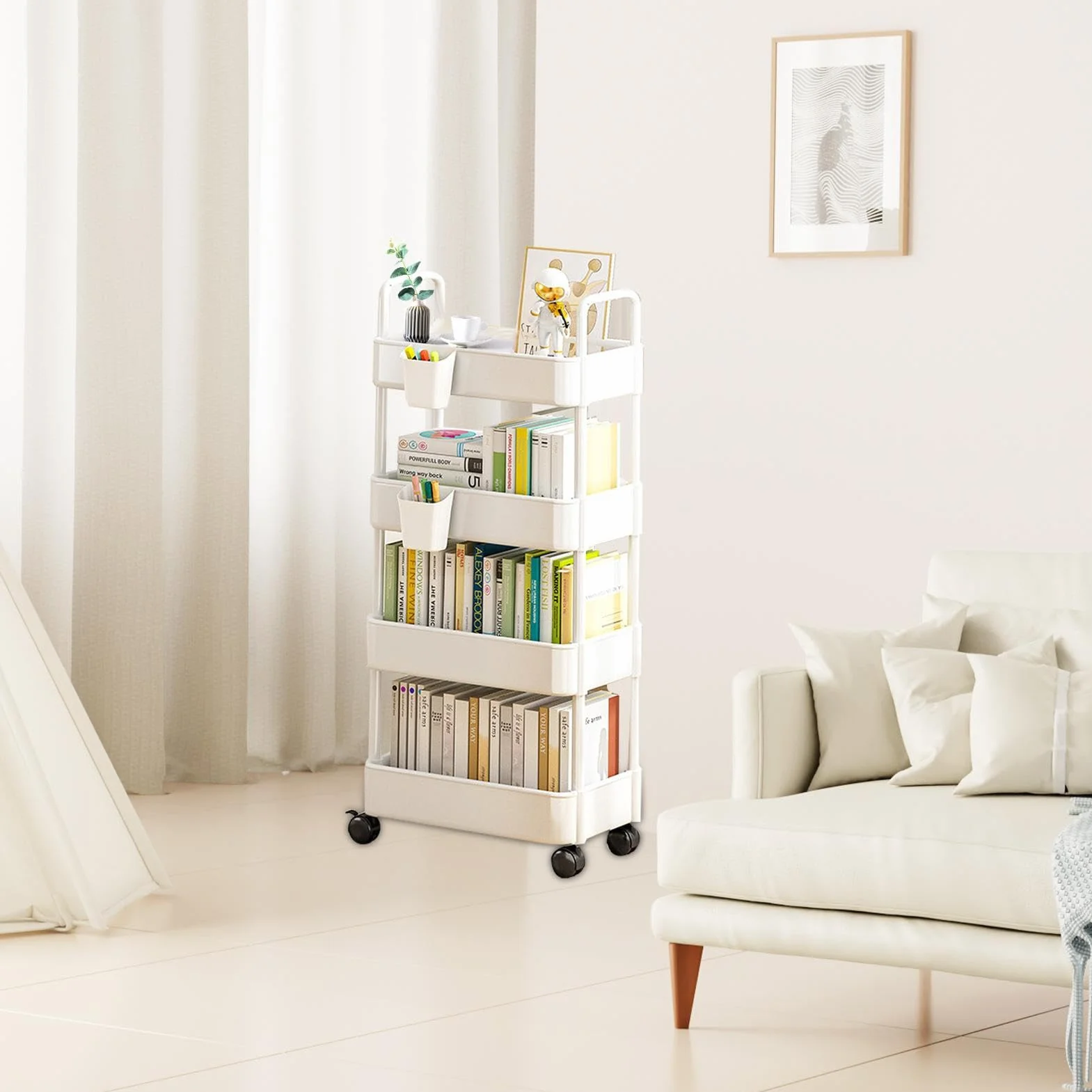 Scaffale per Libri con Ruote, Organizer per Carrello a 3/4 Livelli, per Biblioteca, casa, Lavanderia