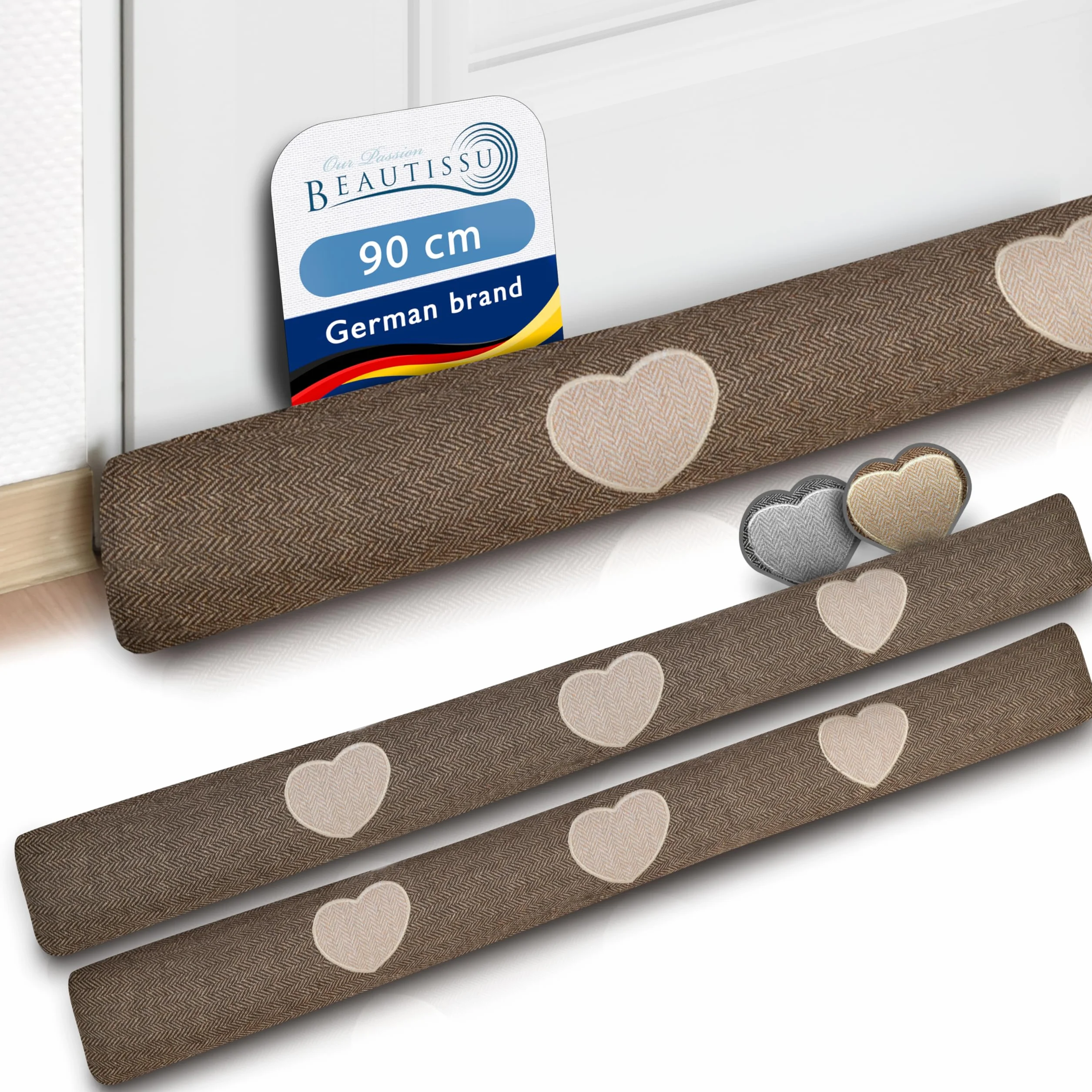 Beautissu 2x Paraspifferi Imbottito per Porta e finestra Tuuli HR L90xP8xA8 cm in Poliestere - paraspiffero Universale porte e finestre - paravento sottoporta Isolante - Contro Il Freddo - Marrone