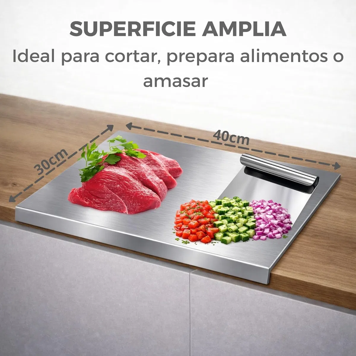 Pack Tagliere Acciaio Inox 40x30 cm + Spatola Cucina – Igienico e Antibatterico – Ideale per Carne, Verdure, Frutta e Impasti – Facile da Pulire – qualità Professionale