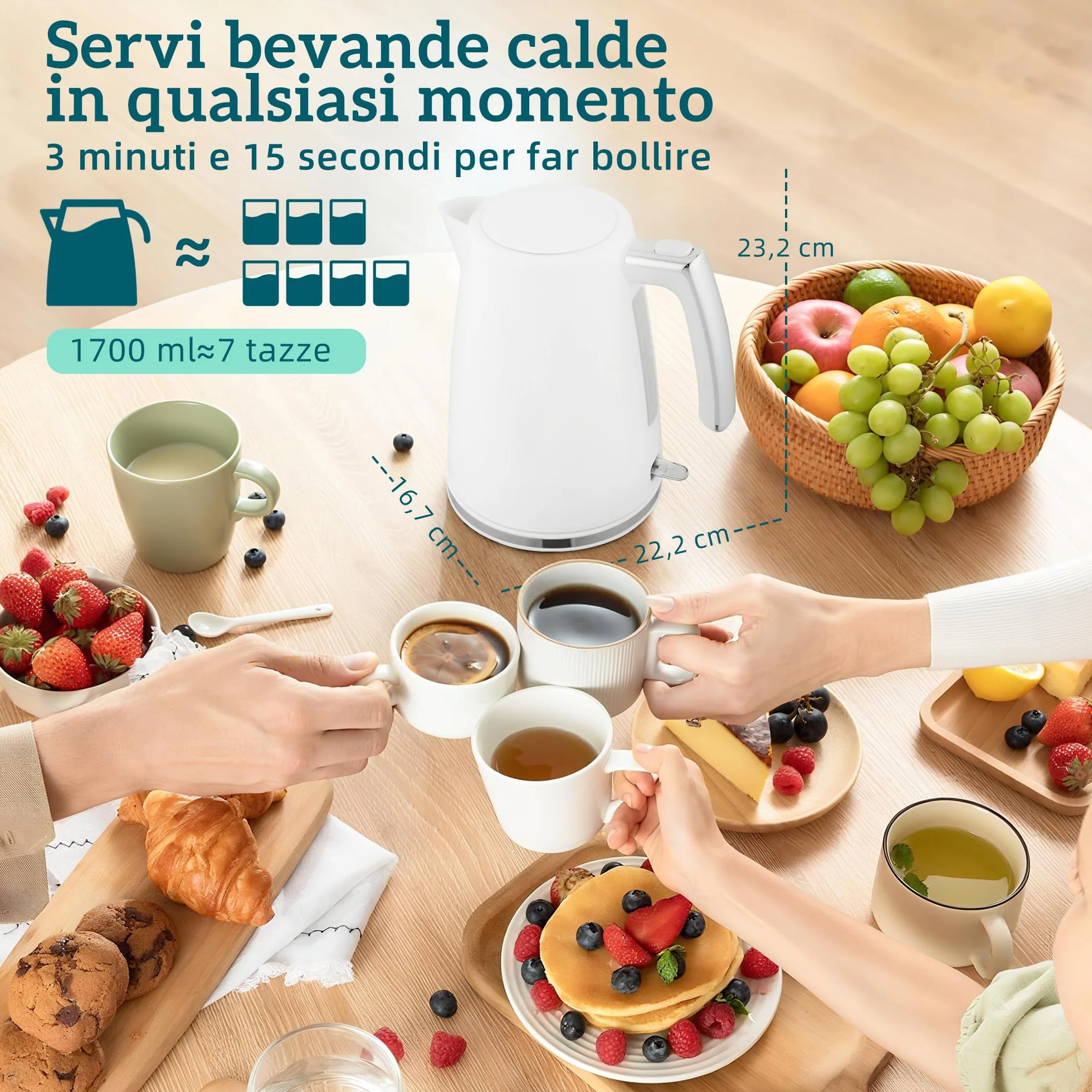 HOMCOM Set Colazione Tostapane a Fessura Larga a 2 Fette con 7 Livelli di Doratura e Vassoio Raccoglibriciole, Bollitore Elettrico da 1.7L 2200W con Termostato Otter e Filtro Anticalcare, Bianco