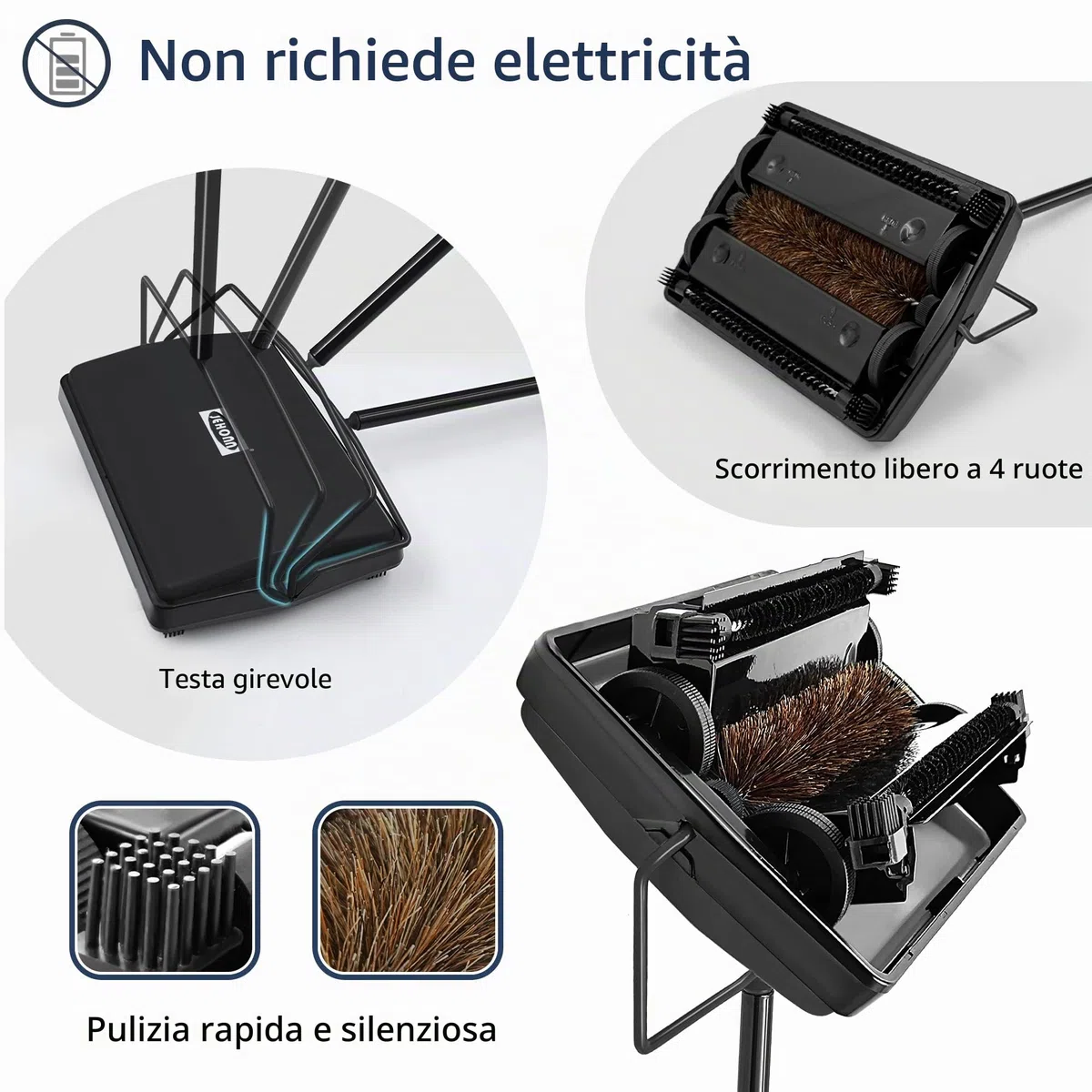 JEHONN Spazzola per Tappeti, Balai Meccanico Manuale con Crine di Cavallo, Senza Elettricità,Pulisci Tappeto e Moquette (Nero)