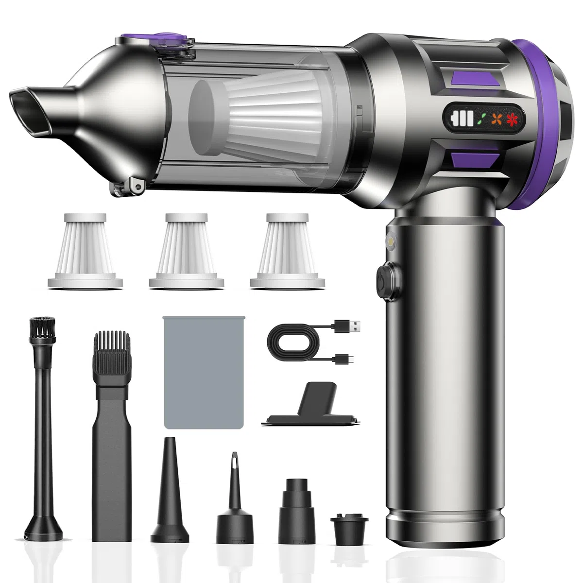 Aspirabriciole Senza Fili Potente, 25000Pa 4 in 1 Aspirapolvere Auto Portatile,Aspiratore e Soffiatore con Motore Brushless,USB C Mini Aspirapolvere Potente per Auto Casa Ufficio Peli di (viola)