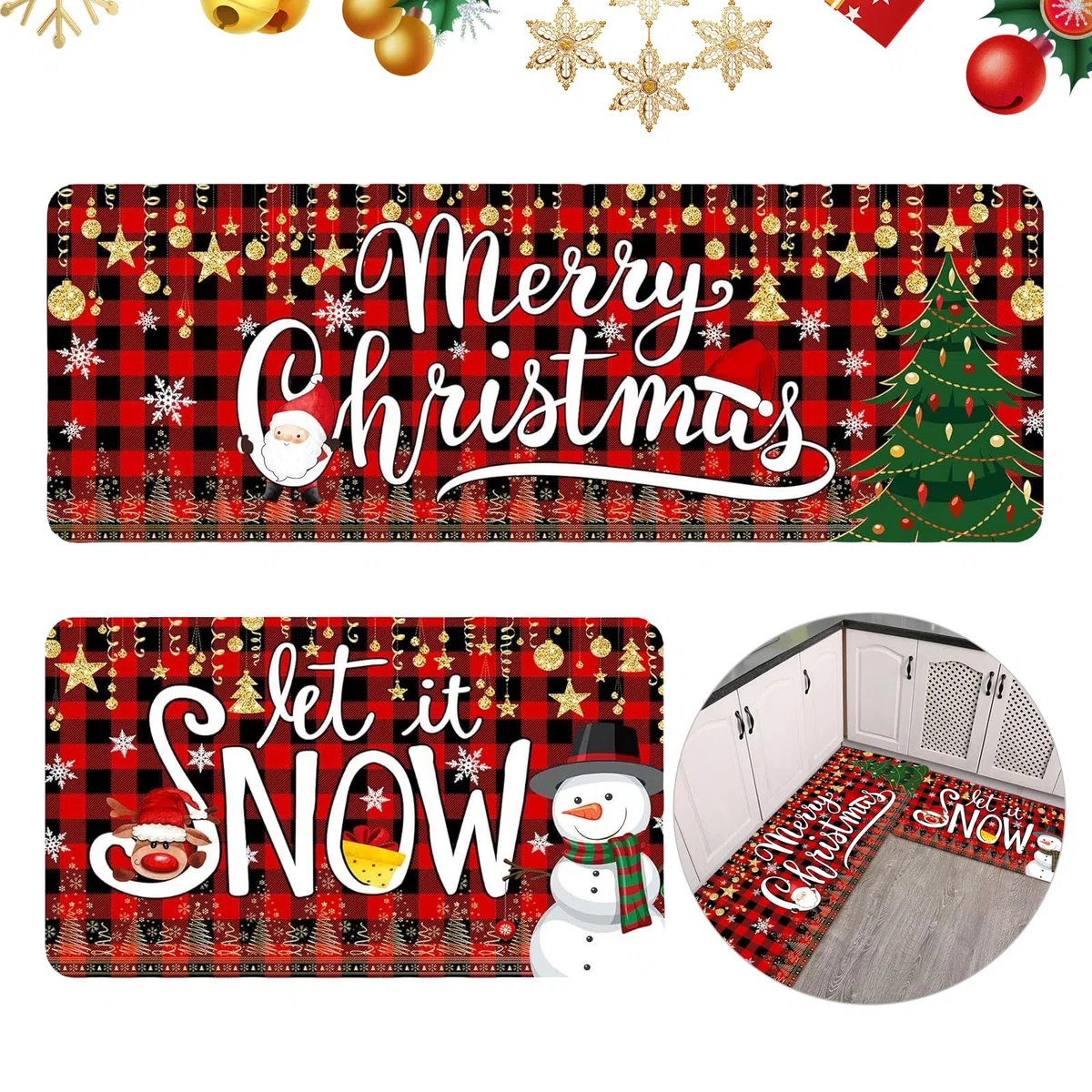 PLUSHCEWT Set di 2 tappeti da cucina natalizi, antiscivolo, lavabili, motivo natalizio con motivo a quadri di bufalo rosso, decorazione natalizia per la cucina (40 x 120 cm + 40 x 60 cm)