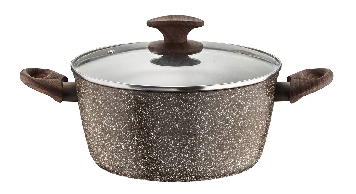 Pintinox Casseruola Alluminio Serie Natura, Antiaderente Effetto Pietra, Manico Effetto Legno, Coperchio in vetro con pomolo soft-touch effetto legno, Adatta all'Induzione, Diametro 20 cm