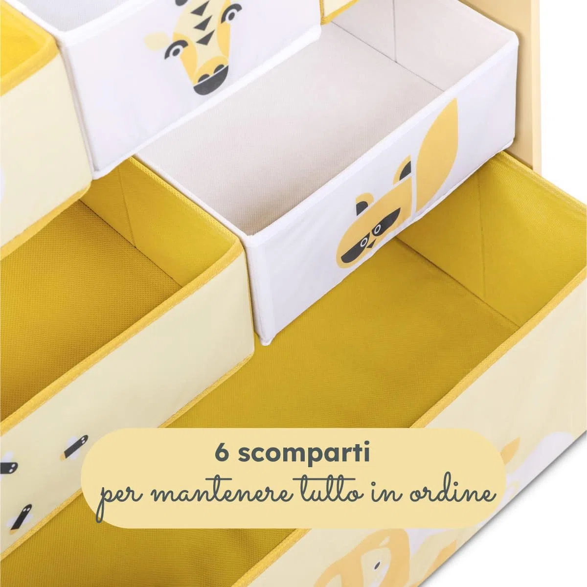 Beeloom - Libreria SWEET SAFER in legno per bambini, 6 cassetti per giocattoli e libri, colore giallo, arredo sicuro e funzionale, ideale per stanza dei bambini