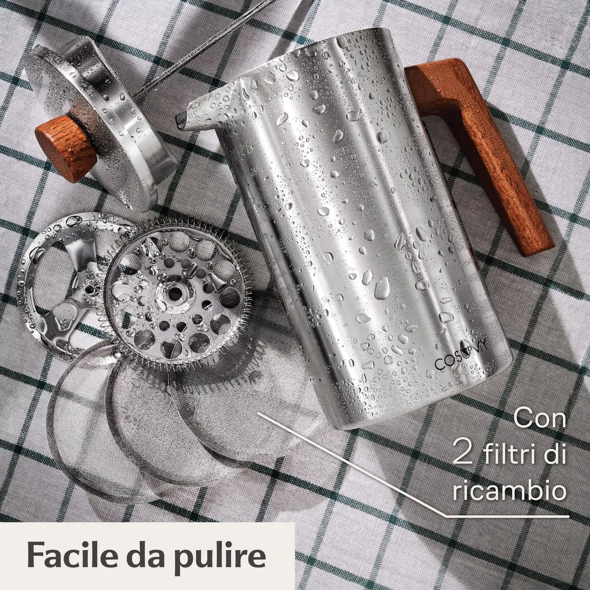 Cosumy French Press Caffettiera francese 1l - Doppia parete a Acciaio Inox e FSC legno - Mantiene caldo il caffe - 5 Tazze