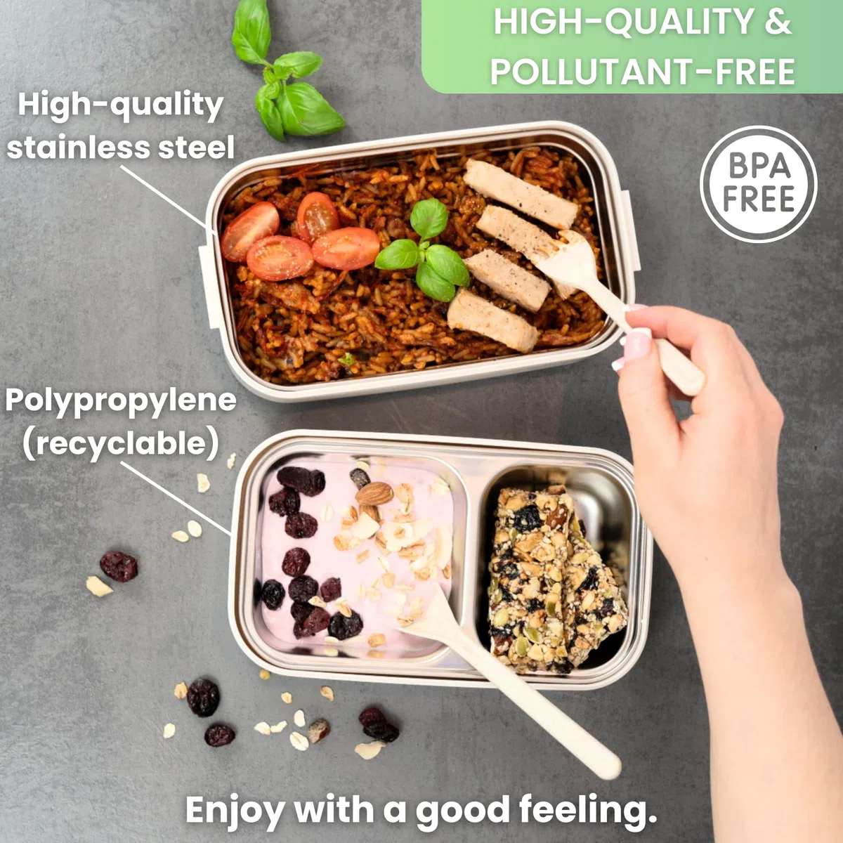 Bento - Contenitore per il pranzo "Taylor", 2 ripiani con scomparti, in acciaio inox di alta qualità, senza BPA, con posate, ideale per i viaggi, Meal Prep Bento Box per adulti, a prova di