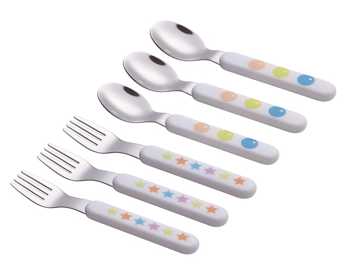 Exzact Posate per Bambini 6 Pezzi in Acciaio Inossidabile 18/10-3 x forchette, 3 x cucchiai da tavola - Manico in plastica, Utensili per Bambini Senza BPA - Stelle e Punti