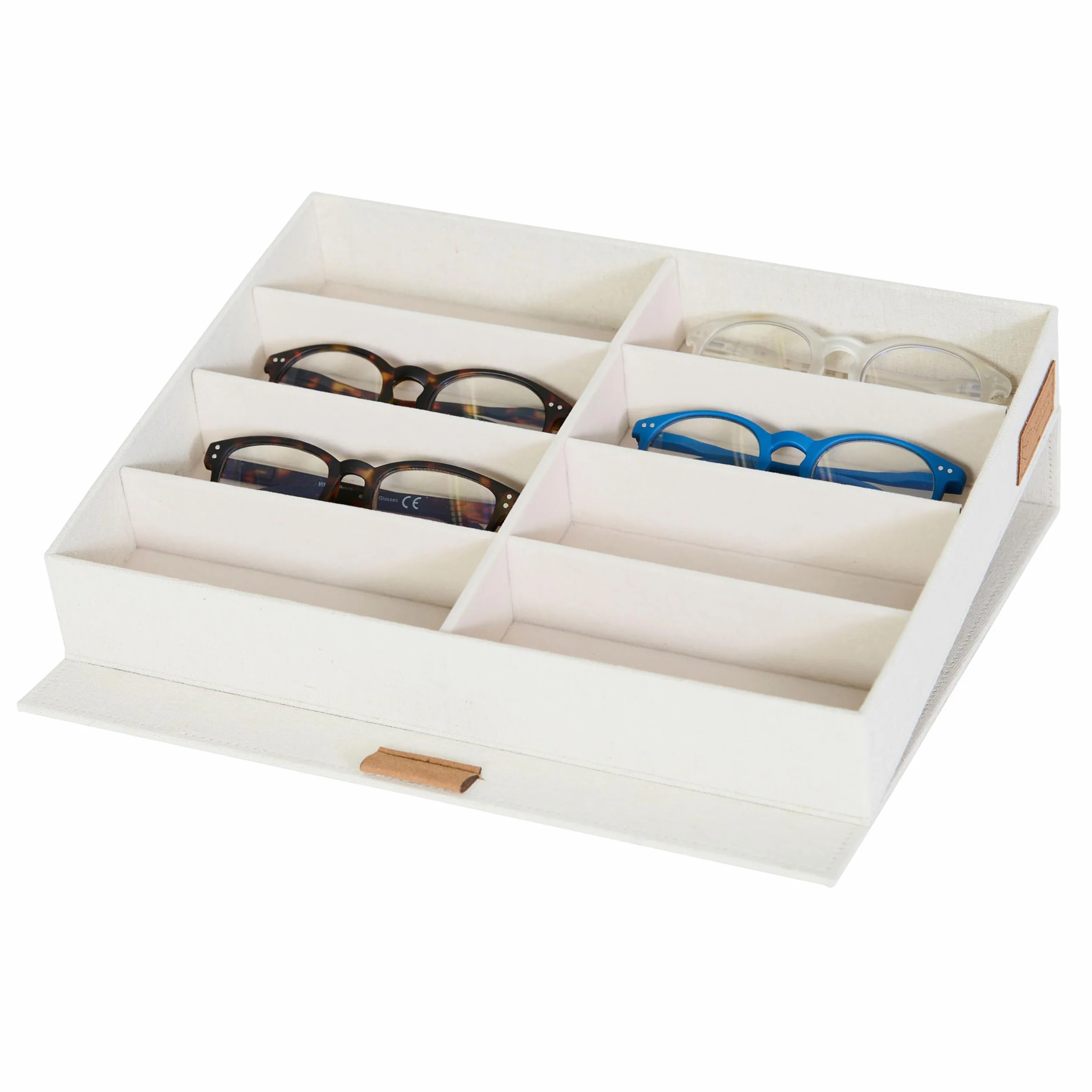 LOVE IT STORE IT - Premium - Custodia Occhiali in Lino-Cotone - Portaocchiali con 8 Scomparti in Velluto - Coperchio con Chiusura Magnetica - Rinforzo in Legno - 32x25x5,5 cm - Beige