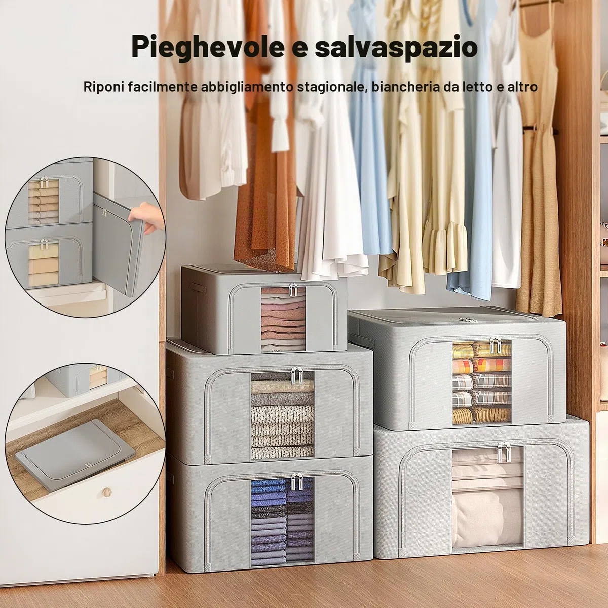 GoMaihe Scatole per Armadio Rigide 3 pezzi 72L: Contenitori per Armadio Cerniera - Piumone, Lenzuola Organizzatore Armadio - Scatole per Vestit (Grigio, 24L)