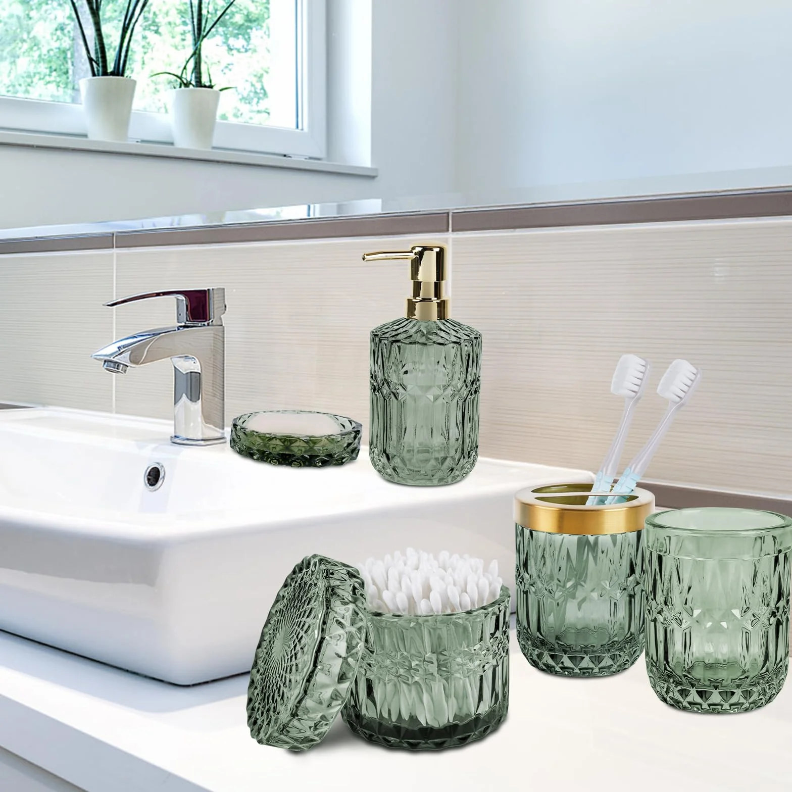 Set di 5 Accessori da Bagno in Vetro, Accessori da Bagno con Dispenser per Lozioni, Portasapone, Portaspazzolino, Tazza di Vetro, Barattolo di Cotton Fioc, Decorazione Moderna per Il Bagno