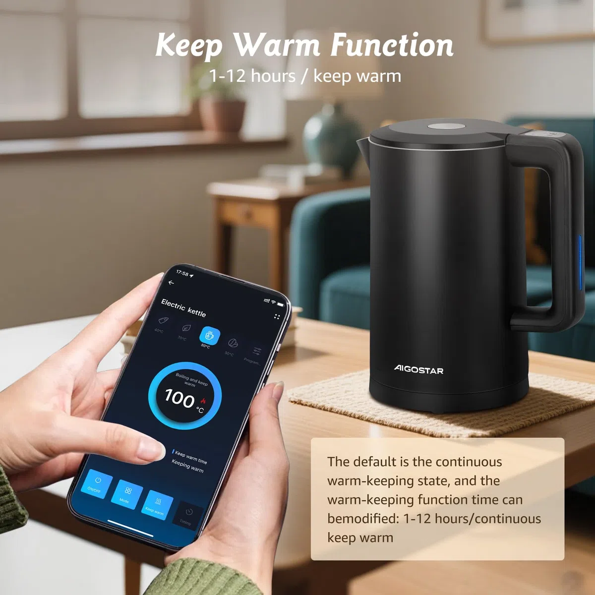 Aigostar Benjamin- Bollitore Smart controllo WLAN compatibile con Alexa e Google Home, Bollitore Elettrico Temperatura Regolabile 40-100 ℃, Doppia Parete, 1,7L 2200W. Funzione di Mantenimento Caldo