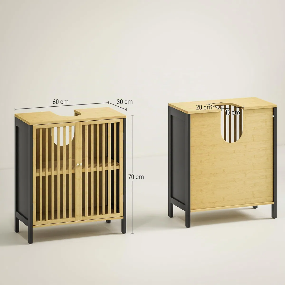 HOMCOM Mobile Sottolavabo Bagno con 2 Ante a Doghe, Armadietto Bagno in Legno di Bambù e MDF con Intaglio a U per Tubi, 60x30x70cm, Nero