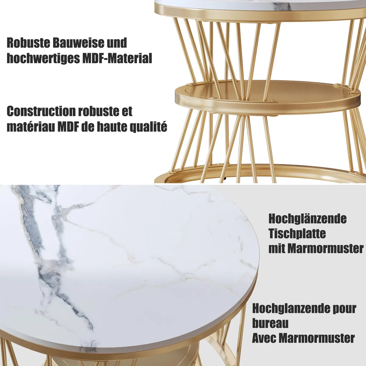 Set di 2 Tavolini Nido da Salotto Rotondi, Tavolino Salotto Marmo Staffa Metallica, 70×70×45 cm+45×45×40 cm, Set 2 Tavolino Soggiorno Moderno Impilabile, Tavolini Ausiliari per Salotto