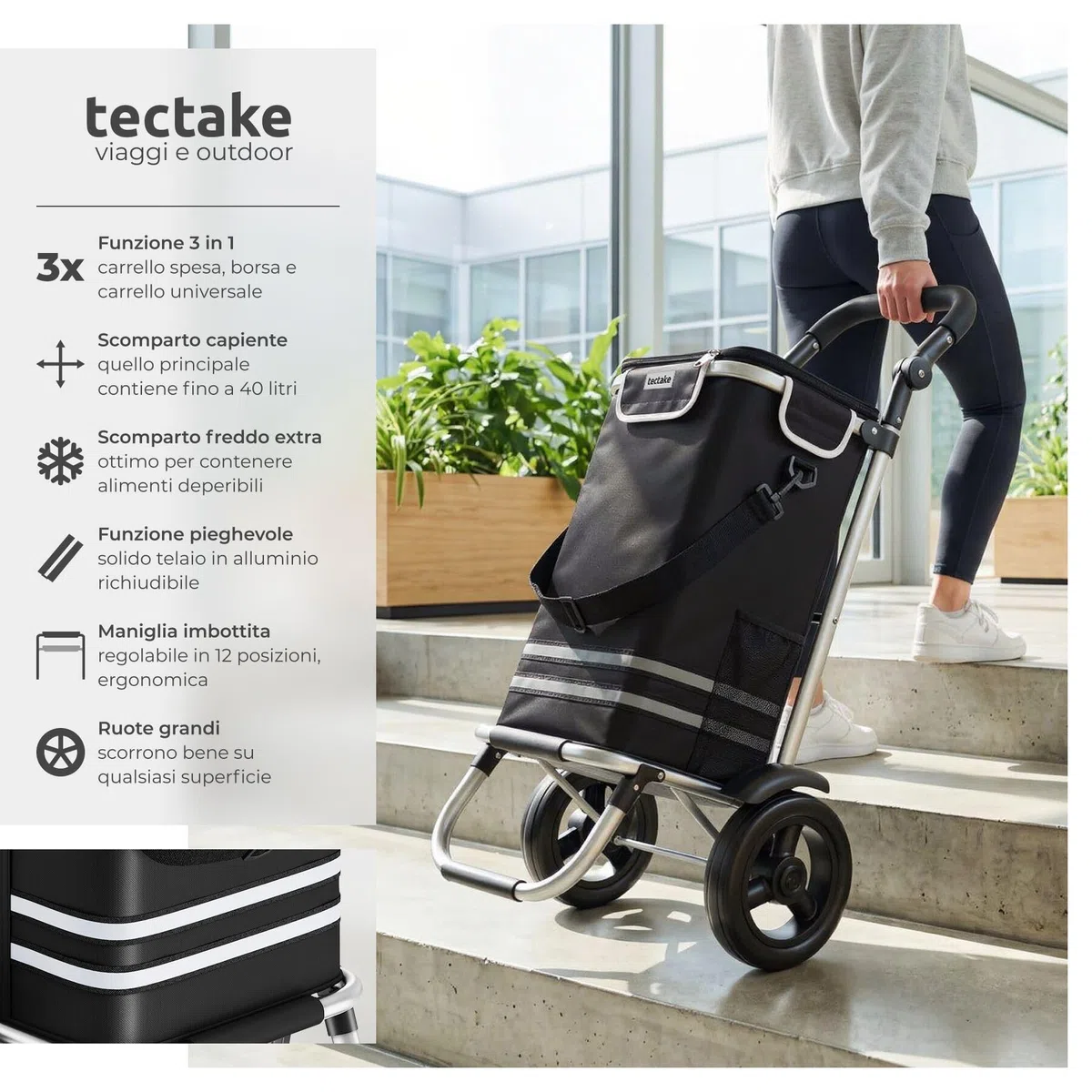 tectake® Carrello Spesa Shopper 3 in 1, Trolley Pieghevole con Borsa Termica per Surgelati, Carrello con Ruote Portatutto, Carrellino Spesa Con Ruote Scorrevoli, Capacità max 30 kg / 56L - Nero