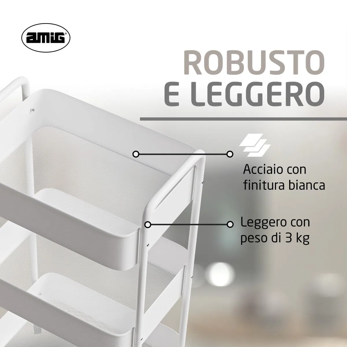 Amig - Carrello da cucina a 3 livelli con ruote Mod. LINN - Scaffale ausiliario in acciaio - Bianco - Carrello multiuso per cucina, bagno o ufficio - 40,5 x 28 x 76 cm