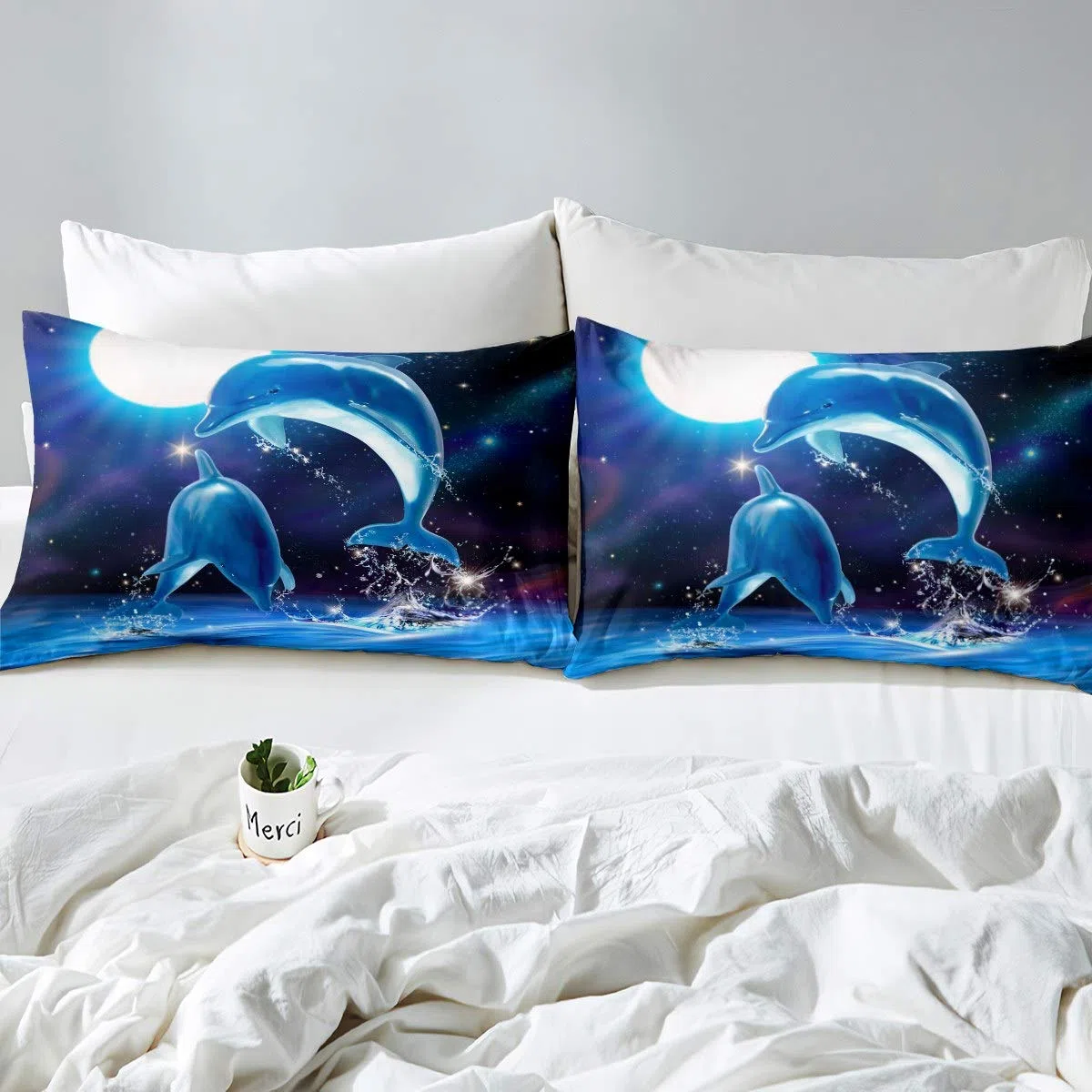 Set biancheria da letto delfino, per bambini, ragazzi, ragazze, equipaggiamento marino, galassia e luna, set di biancheria da letto per animali marini, decorazione della camera, 2 lenzuola