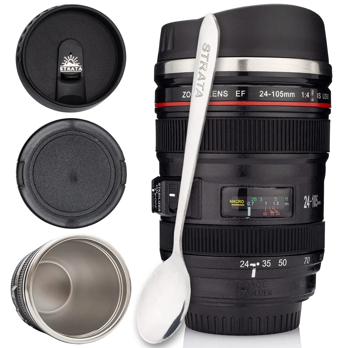 STRATA CUPS Tazza Teleobiettivo da Viaggio 400 ml + 2 COPERCHI + CUCCHIAIO - Mug Termica per Caffè in Acciaio Inossidabile a Forma di Obiettivo di Fotocamera Reflex, Regalo Originale per Fotografo