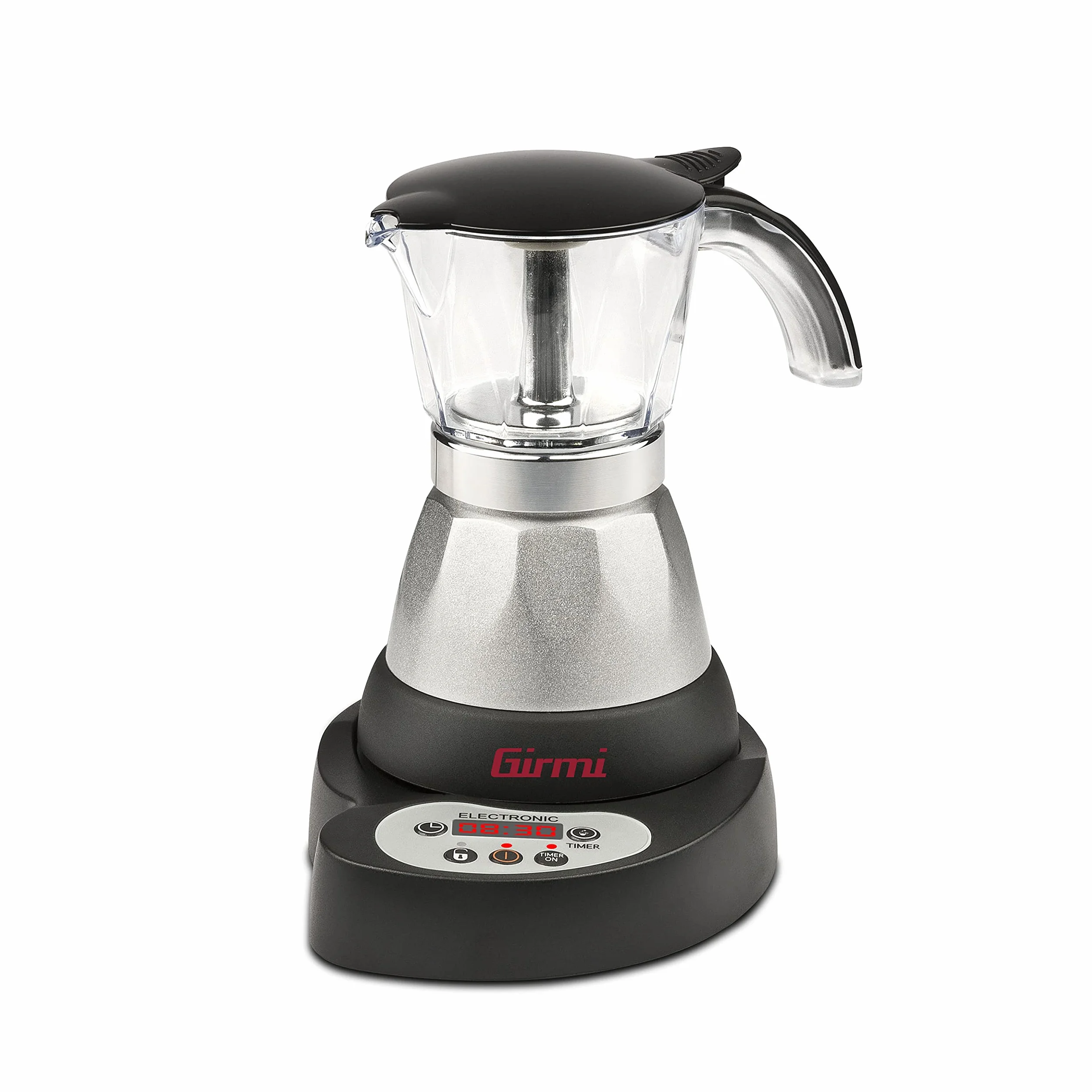 Girmi MC23 Moka elettrica Programmabile per caffè in polvere, da 1 a 3 tazze, 400W, Display LED, Timer, Mantenimento in caldo, Rotazione 360°, Nero/argento