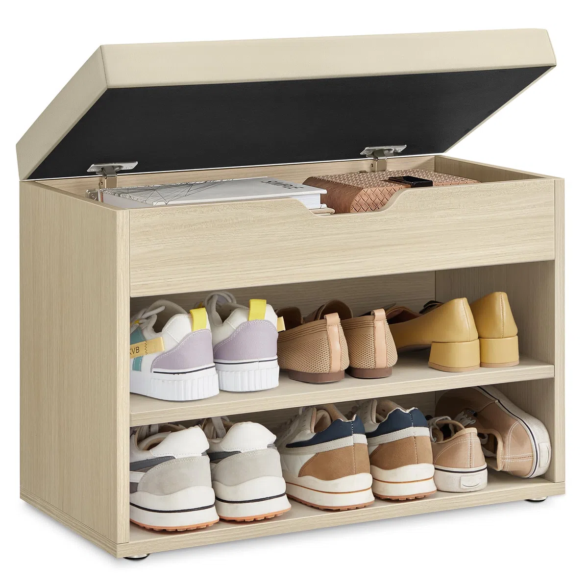 VASAGLE Panca Scarpiera, Scarpiera Ingresso con Sedile Imbottito, 3 Scomparti, 30 x 60 x 44 cm, per Corridoio Camera da Letto Soggiorno, Beige Naturale LHS020K01