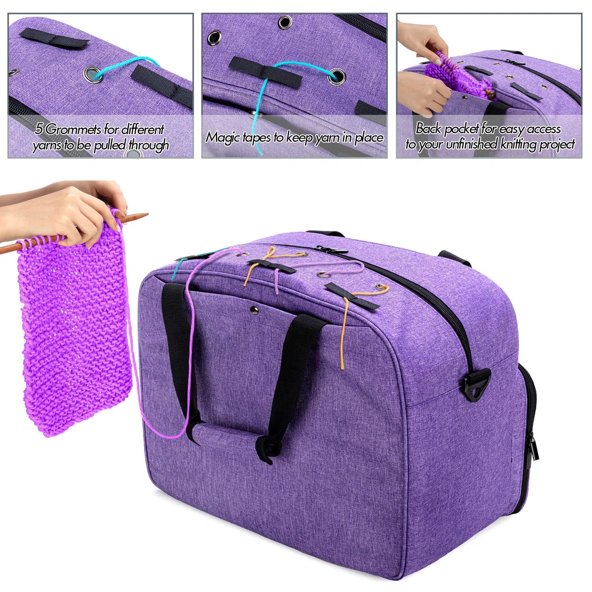 Teamoy Borsa per Lavoro a Maglia, Borsa da Trasporto per Filati, Organizer per Lana Gomitolo, con Tasche per Ferri da Maglia, Uncinetto e Altri Accessori, Viola(Solo Borsa)