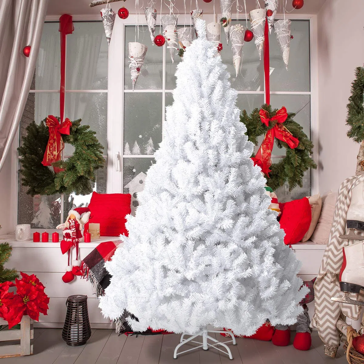 COSTWAY Albero di Natale 150/180/210/240 cm, Albero di Natale Bianco con 350/650/950/1138 Rami in PVC e Supporto in Metallo, Albero di Natale Artificiale per Casa, Ufficio e Negozio (180 cm)