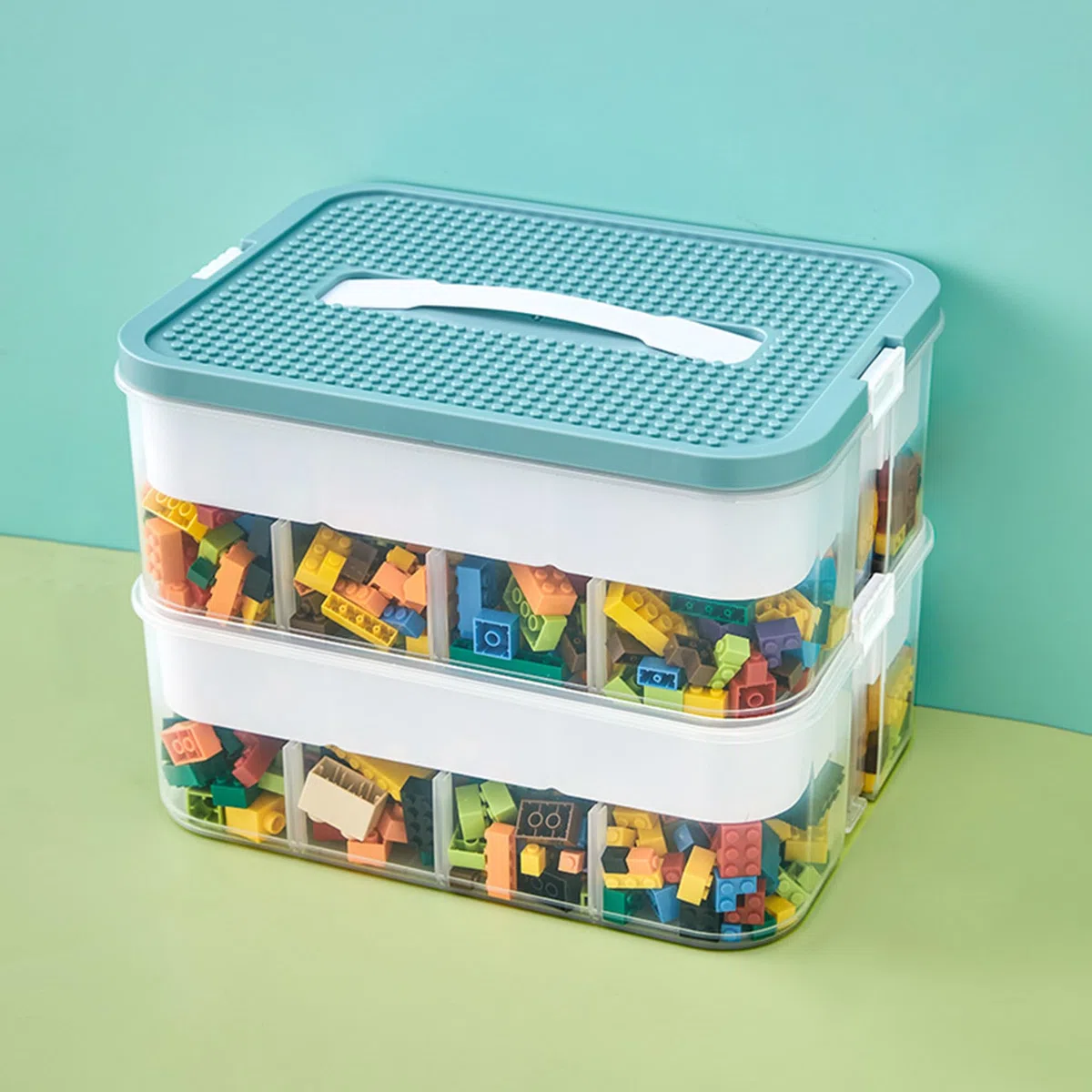 2 Strati Scatole Impilabili con Coperchio per Costruzioni mattoncini Contenitore Contenitori Portaoggetti per Bambini Scatola Giochi con Scomparti Organizer Puzzle per Riporre i Giocattoli