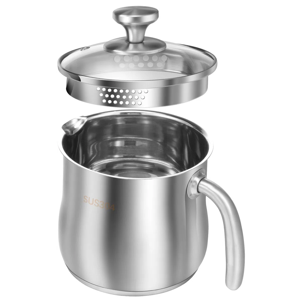 Pentola in acciaio inox con coperchio in vetro, pentola per latte da 2 litri, coperchio con foro per vapore, pentola a induzione con manico e beccuccio, pentola universale per tutti i piani cottura