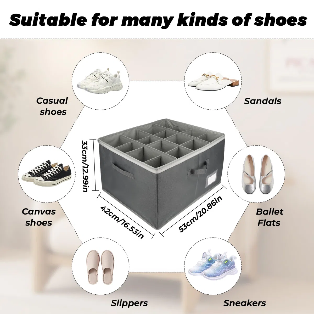 Organizer Scarpe per Armadio, Portascarpe per 16 Paia, Scatola Scarpiera, Organizer per scarpe, Scarpiera Salvaspazio, Porta Scarpe con Supporto Inferiore e Manici Rinforzati, Grigio