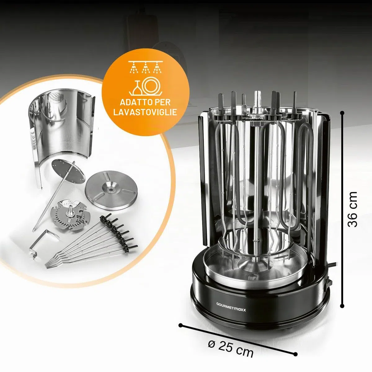 GOURMETmaxx kebab grill | grill elettrico verticale per kebab, gyros, shashlik | grill elettrico con spiedo centrale e 6 spiedini aggiuntivi, utilizzabile anche come shashlik grill