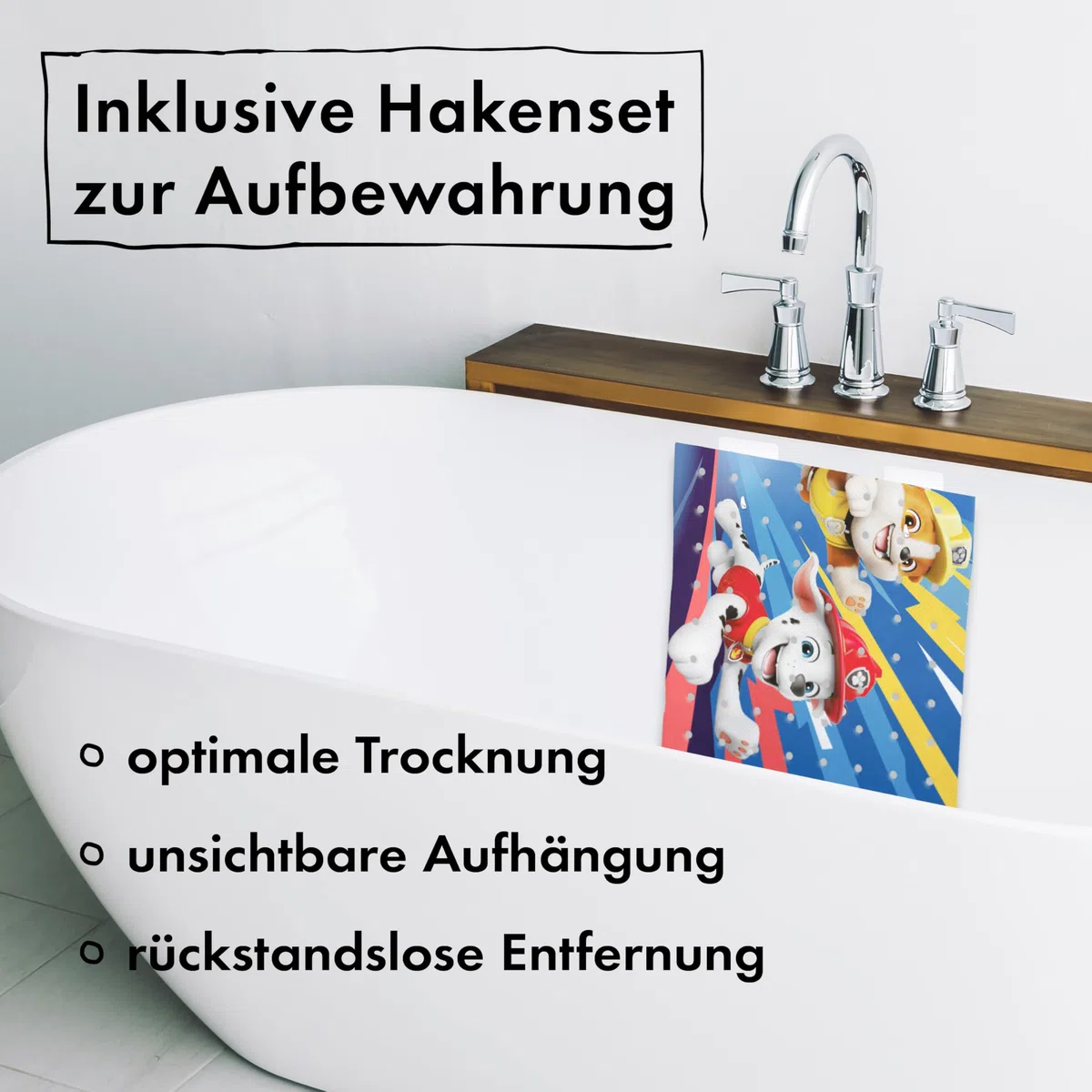 PAW Patrol Tappetino da bagno antiscivolo per bambini, antimuffa, antibatterico, con ventose, ganci e fori di scarico, 100 x 40 cm