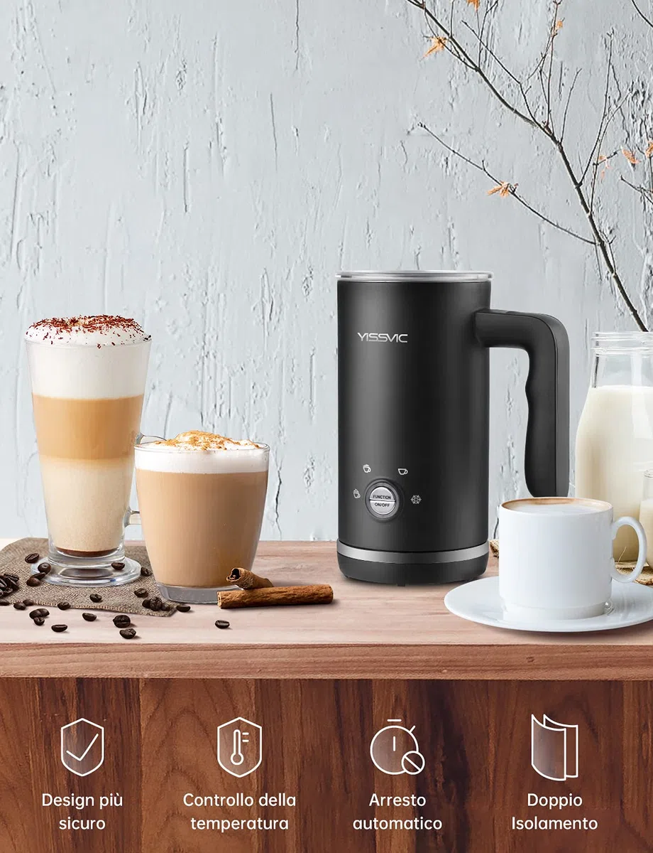 Yissvic Montalatte Elettrico Cappuccino 4 in 1 Schiumatore 600W 300ml Montalatte in Acciaio Inox Rivestimento Antiaderente per Caffè, Latte, Cappuccino, Nero