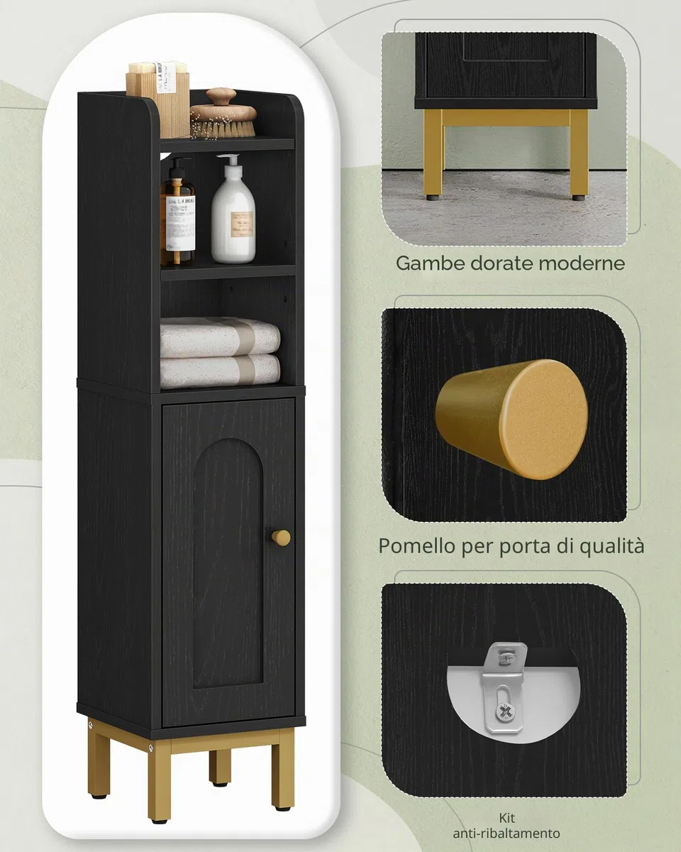Hzuaneri Mobile a Colonna, Mobile da Bagno a Colonna, Armadietto Salvaspazio, Accanto al Water, con Ripiano Regolabile, Facile da Montare, 20 x 20 x 83 cm, Nero-Oro BC08206X