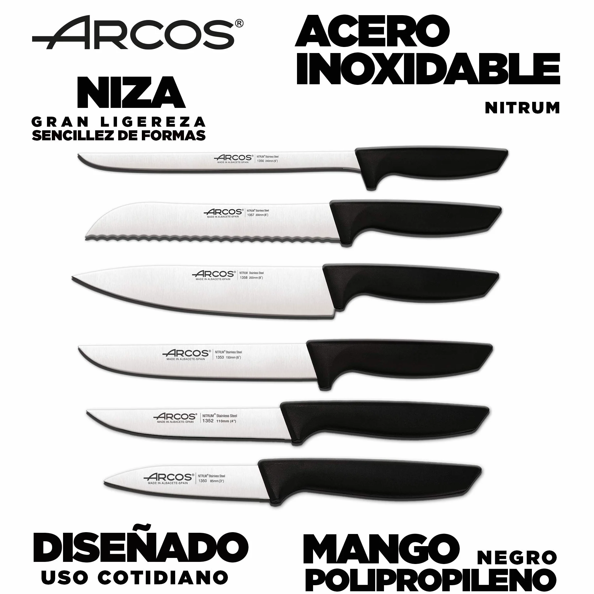 Arcos Set di coltelli da cucina professionali | coltelli da cucina professionali | 6 pezzi | coltelli in acciaio inox manico nero | utensili da cucina serie Nizza | lavabile in lavastoviglie