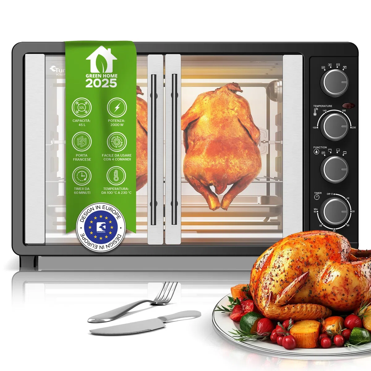 TurboTronic - Mini forno con ventilazione, 45 l, nero, 2000 W, girarrosto, timer, mini forno, pizza, teglia da forno, illuminazione interna