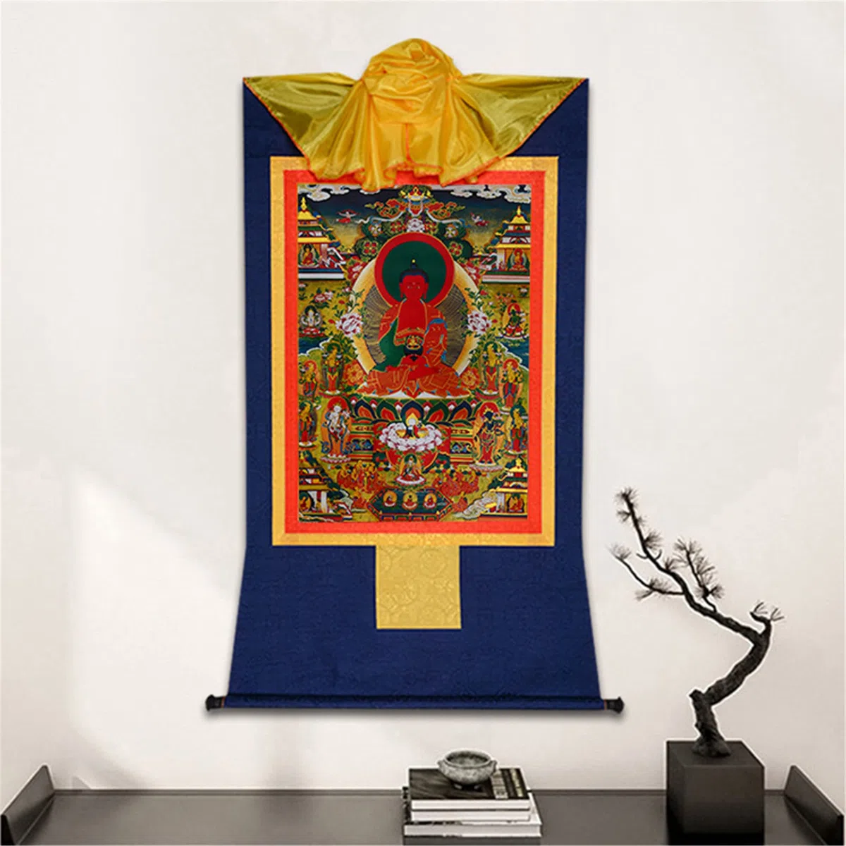 Gandhanra Thangka Tibetano - Amitabha Terra Pura Thangka - Elysium del Buddhismo - Arazzo di Buddha a Stampa Dorata per Decorazione Zen, Meditazione, Rilassamento Spirituale e Pace