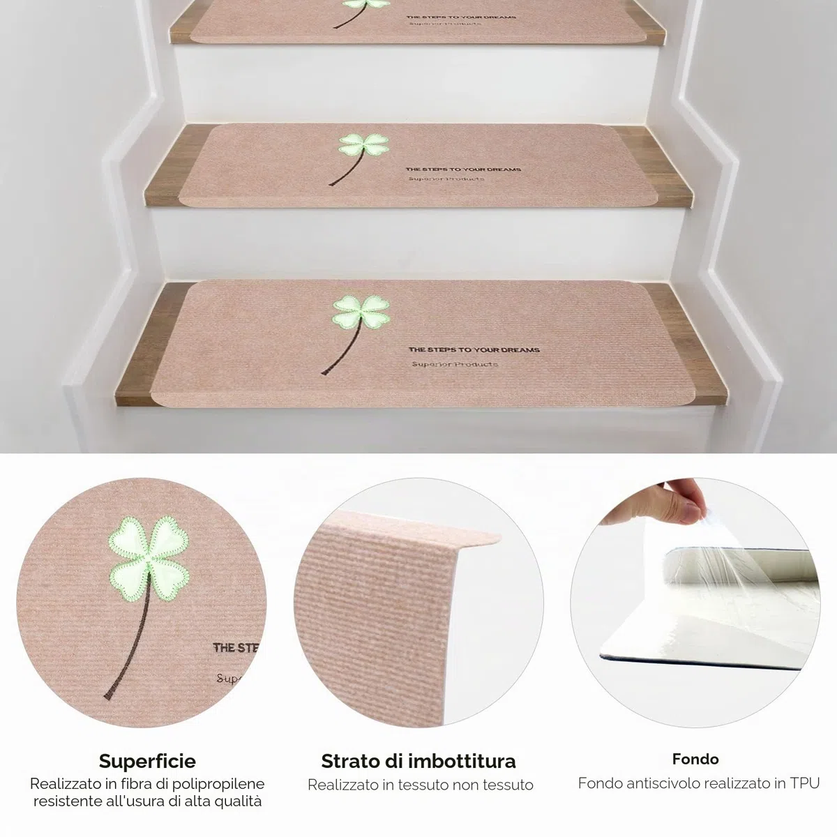 15Pcs Tappeti per Scale 22 x 55 cm, Tappetino per Scale, Tappetino Antiscivolo e Autoadesivo, Protezione per Interni, Luminoso tappetini Antiscivolo per Scale per Bambini, Anziani e Animali Domestici
