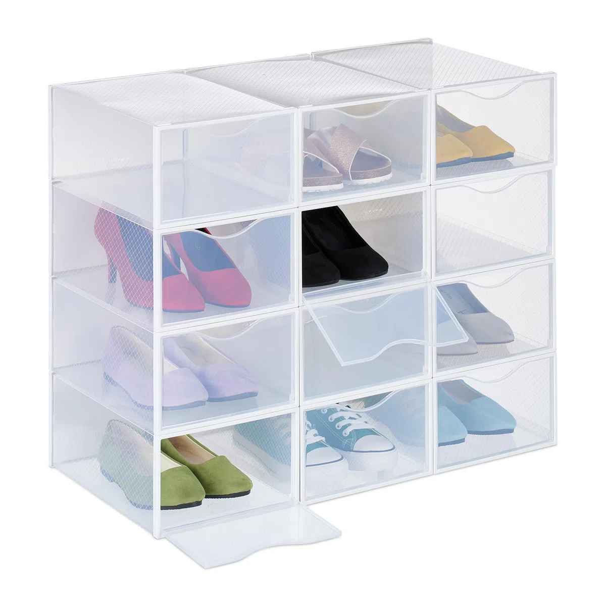 Relaxdays Set 12 Scatole di Plastica per Scarpe Fino al N. 45, Scarpiera con Box Impilabili, Shoe Organizer, Trasparenti