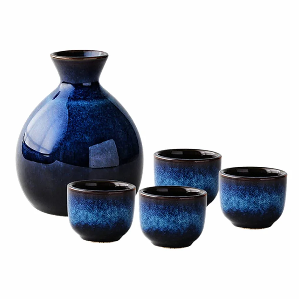 Lurrose Il set di sake giapponese in ceramica include 1 bottiglia di Tokkuri e 4 tazze di Ochoko per tazza di tè tradizionale di sake caldo o freddo