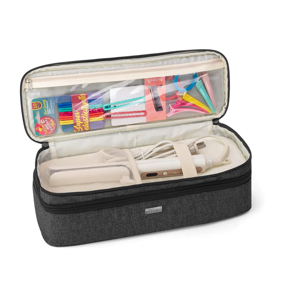Teamoy Borsa da Viaggio Portatile per Spazzola ad Aria Calda, Doppi Organizzatore di Viaggi Astuccio per Spazzola per Asciugacapelli, Valigetta per Modellatori ad Aria Calda,Doppio Strato (Nero)