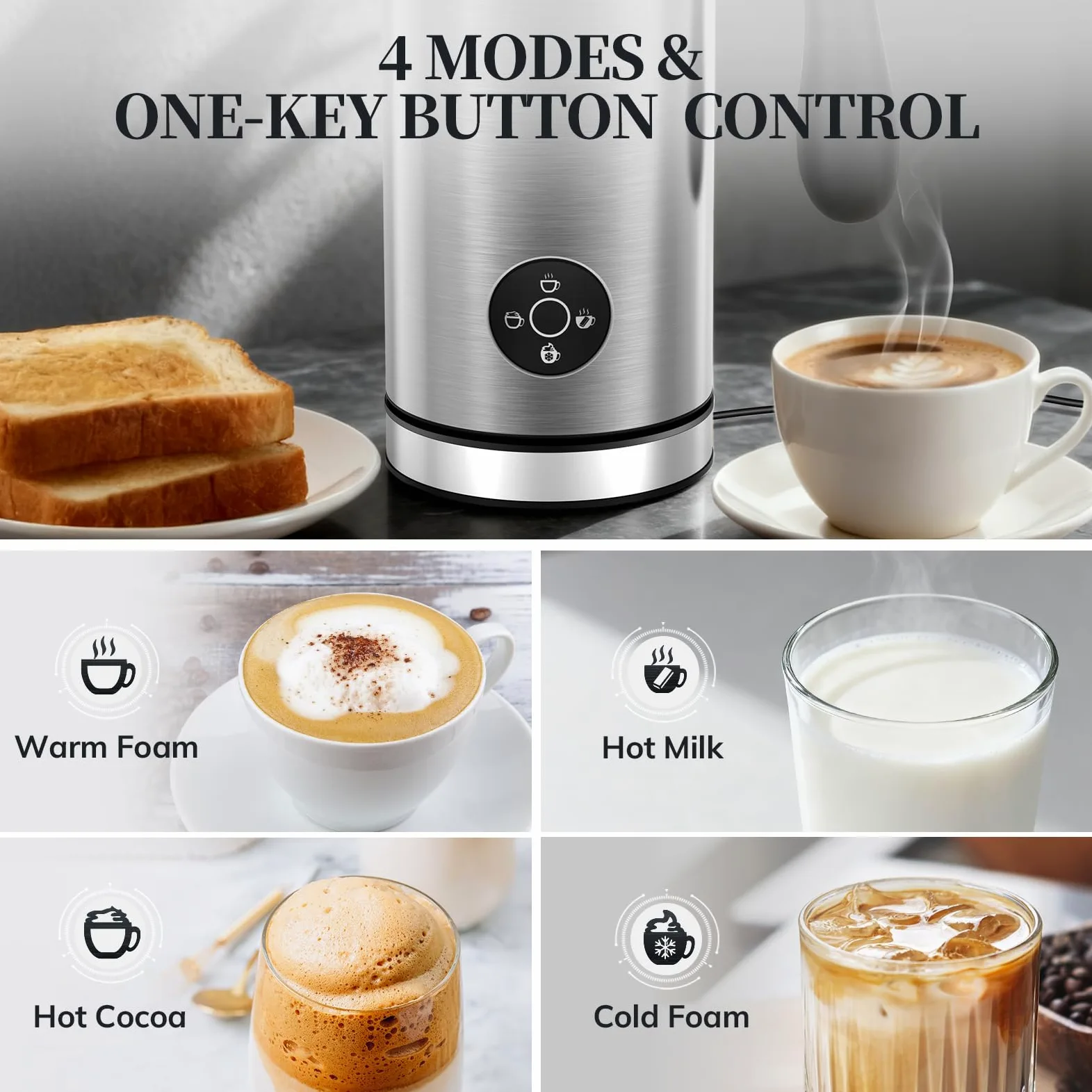 Morpilot Montalate Elettrico, Milk Frother per Cappuccino e Hot Cocoa, Cappuccinatore Elettrico, Capacità 300ml, Acciaio Inossidabile di Alta Qualità