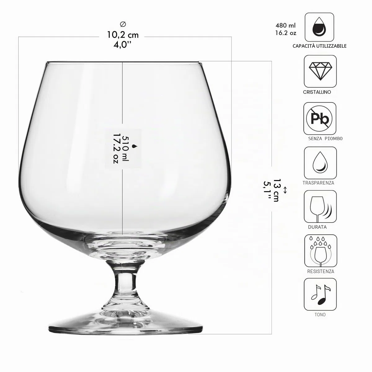 Krosno Balance Calici Brandy Cognac Whisky 510 ml, Set 6 Pezzi, Vetro Cristallo Senza Piombo, Snifter con Ampia Coppa, per Degustazione, Casa Ristorante, Lavabili in Lavastoviglie