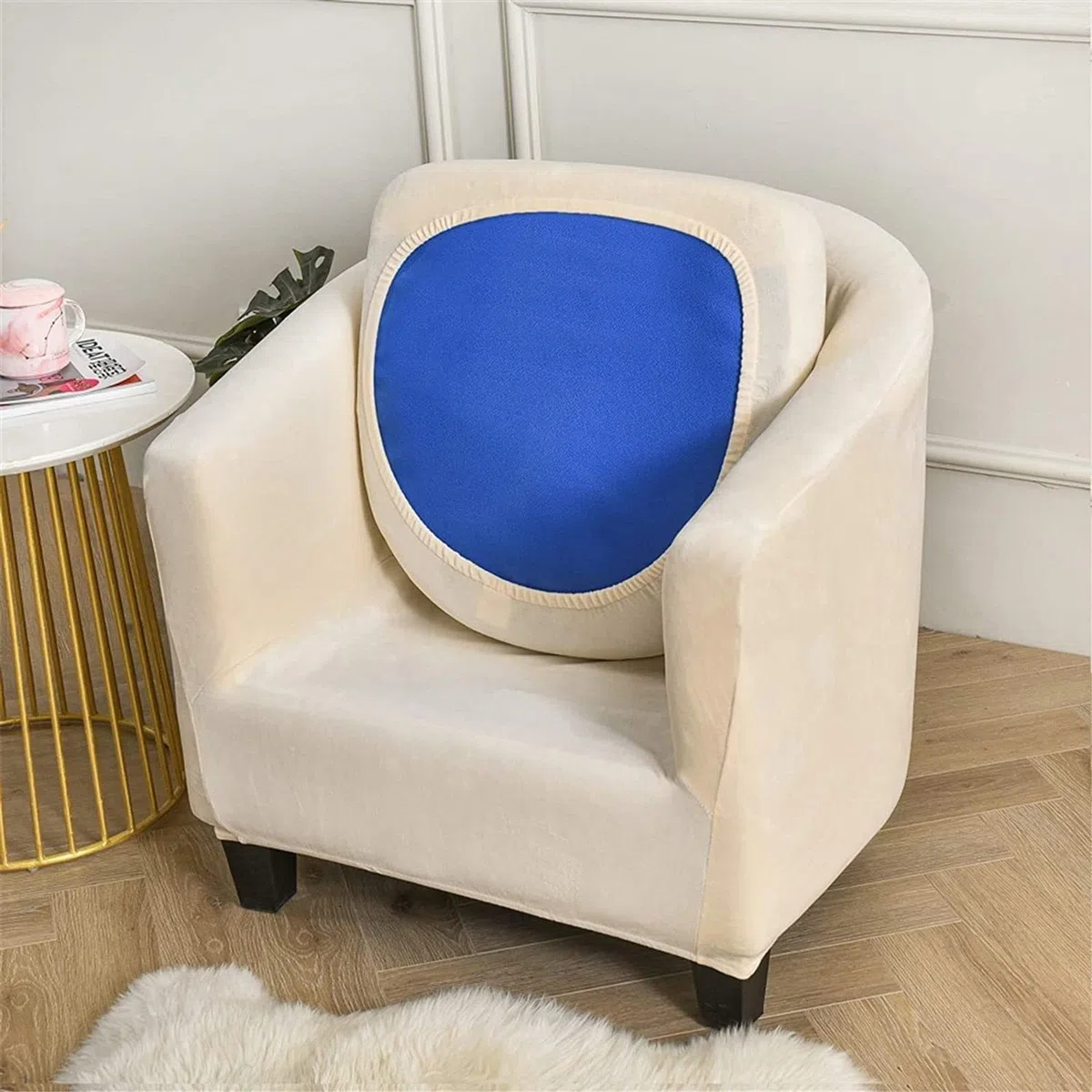 Fodera per sedia da club in velluto, 2 pezzi, elasticizzata, con fondo elastico, lavabile in lavatrice, per soggiorno, beige, 2 pezzi