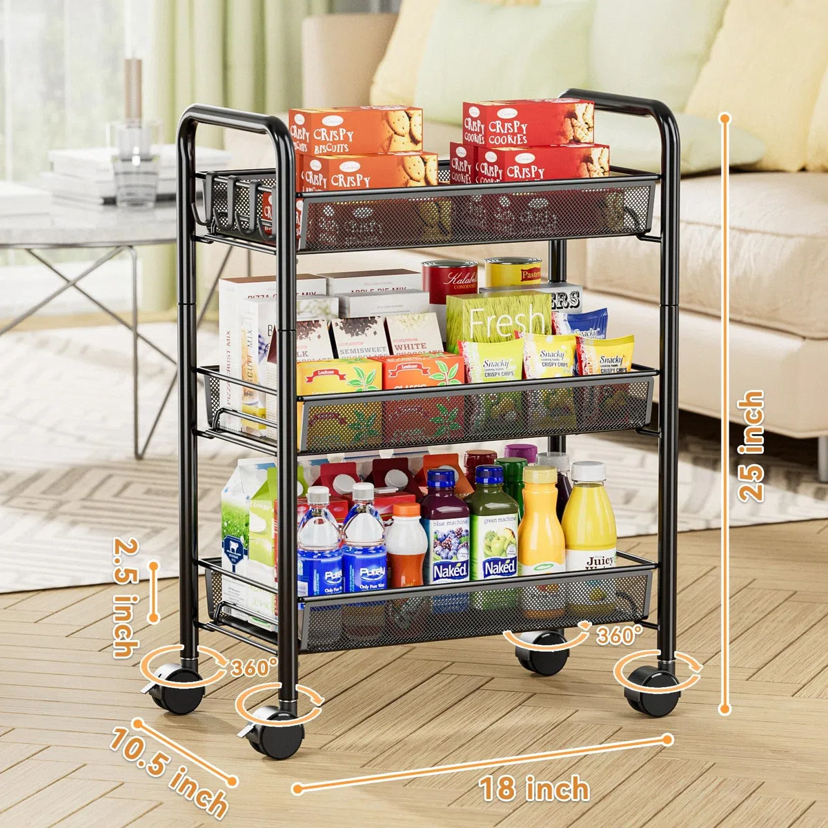 rge Cucina Storage Carts Rolling Cart Metallo Cucina Trolley su Ruote Cucina Trolley Utility Cart per Cucina Lavanderia Bagno Facile da Montare (Nero)